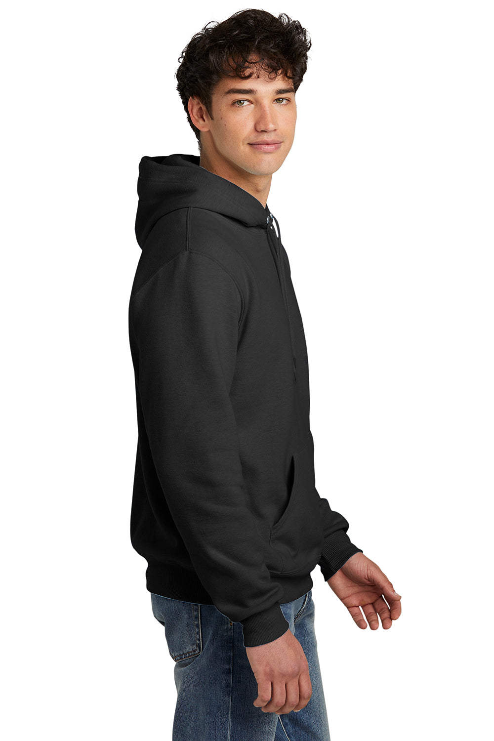 Jerzees 700M/700MR Mens Eco Premium Moisture Wicking Hooded Sweatshirt Hoodie w/ Pouch Pocket Heather Ink Black Model Side