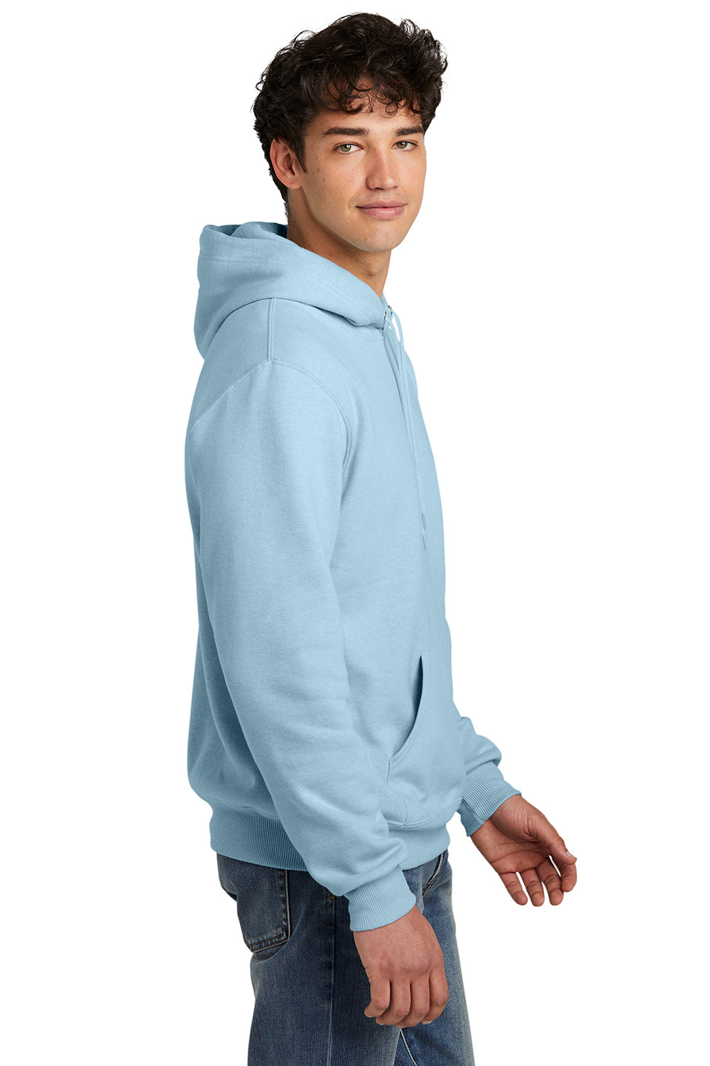 Jerzees 700M/700MR Mens Eco Premium Moisture Wicking Hooded Sweatshirt Hoodie w/ Pouch Pocket Heather Cloud Blue Model Side