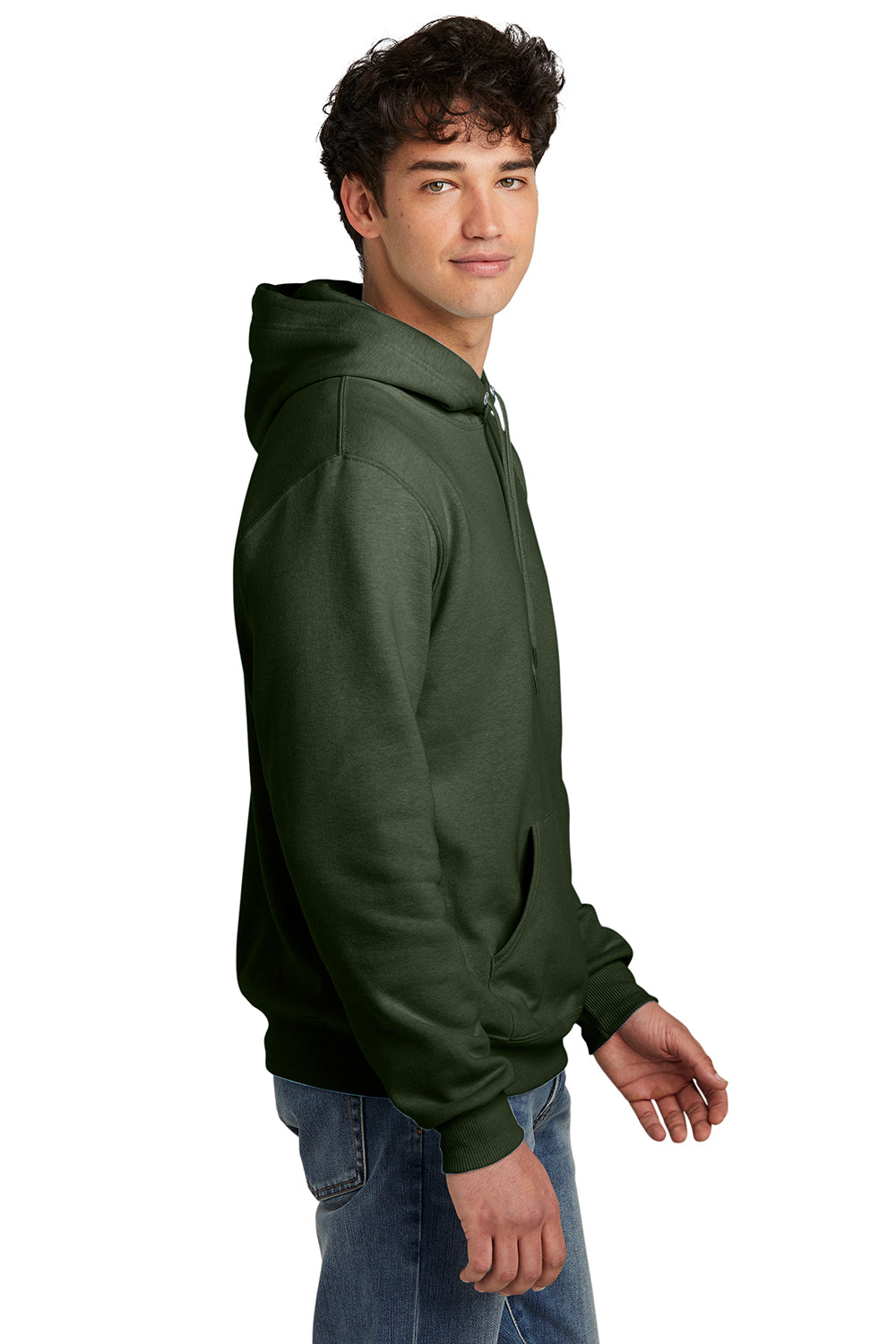 Jerzees 700M/700MR Mens Eco Premium Moisture Wicking Hooded Sweatshirt Hoodie w/ Pouch Pocket Heather Military Green Model Side