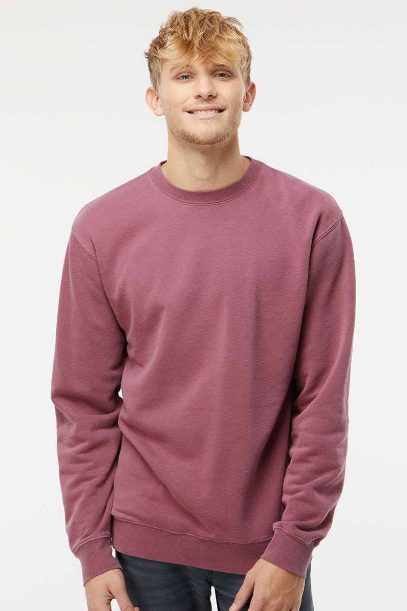 Independent Trading Company PRM3500 Mens Pigment Dyed Crewneck Sweatshirt Maroon Model Front