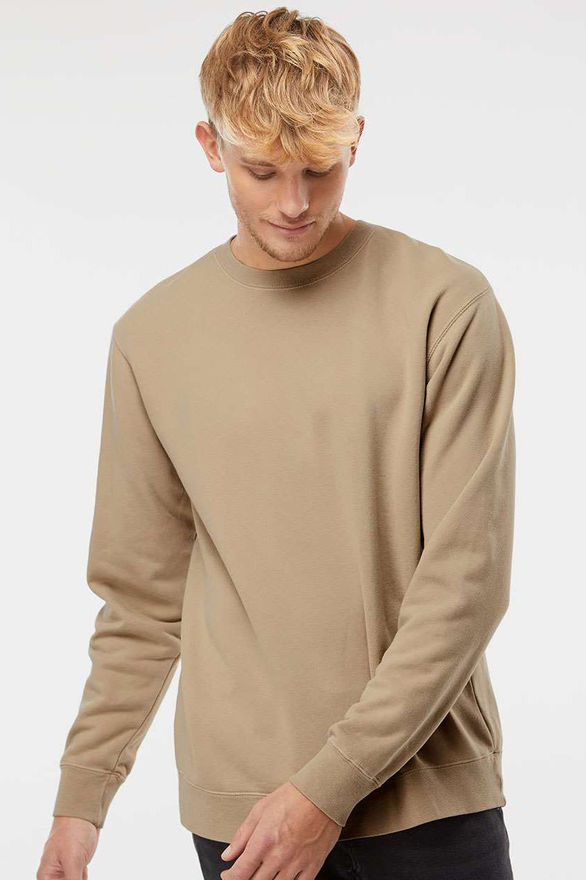 Independent Trading Company PRM3500 Mens Pigment Dyed Crewneck Sweatshirt Sandstone Brown Model Front