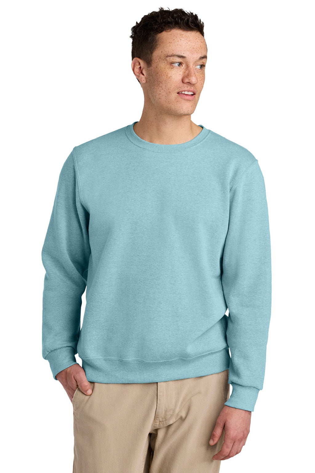 Jerzees 701M/701MR Mens Eco Premium Moisture Wicking Crewneck Sweatshirt Heather Cloud Blue Model Front