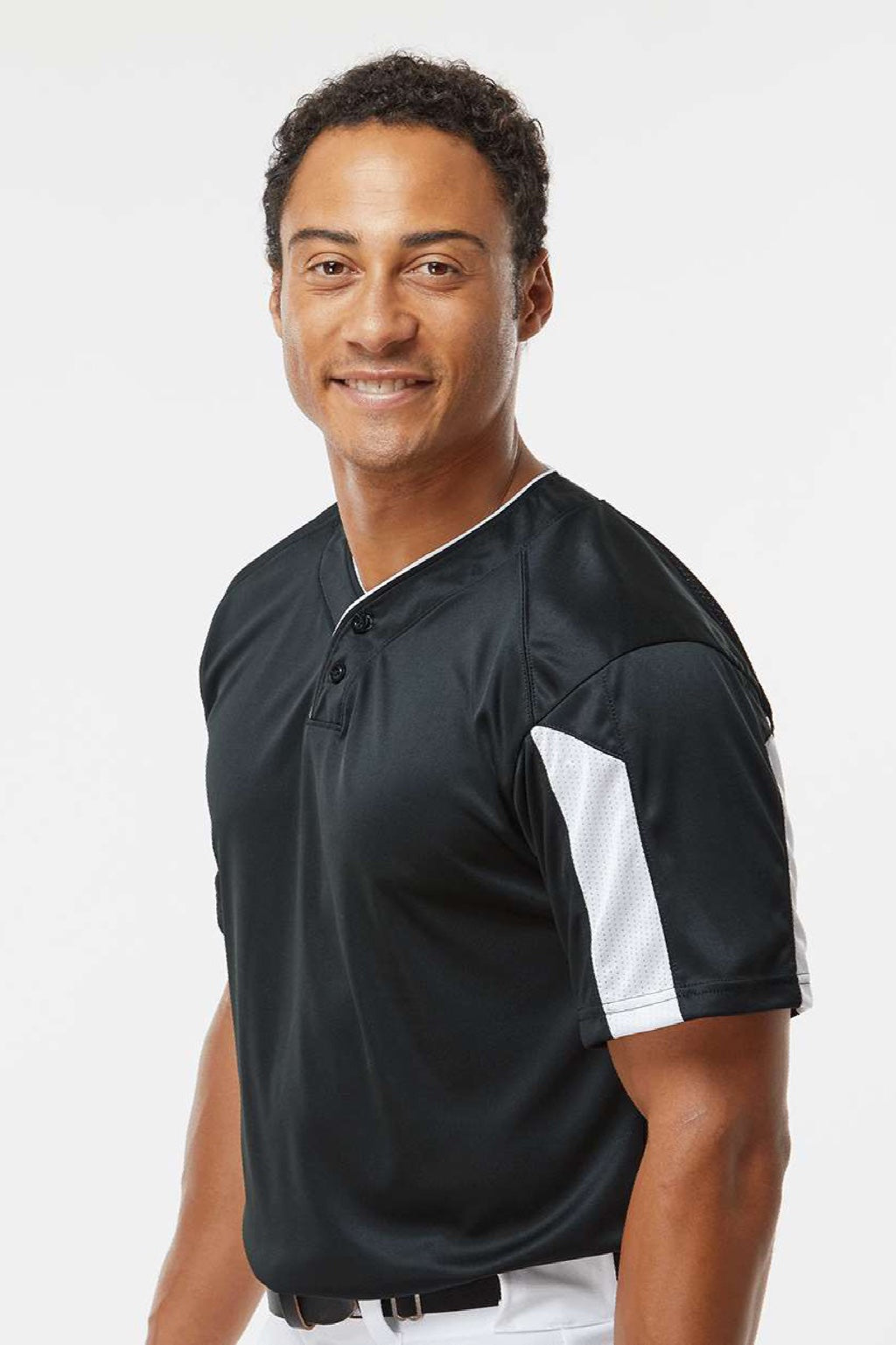 Alleson Athletic 7976 Mens Striker Placket Short Sleeve Jersey Black/White Model Side