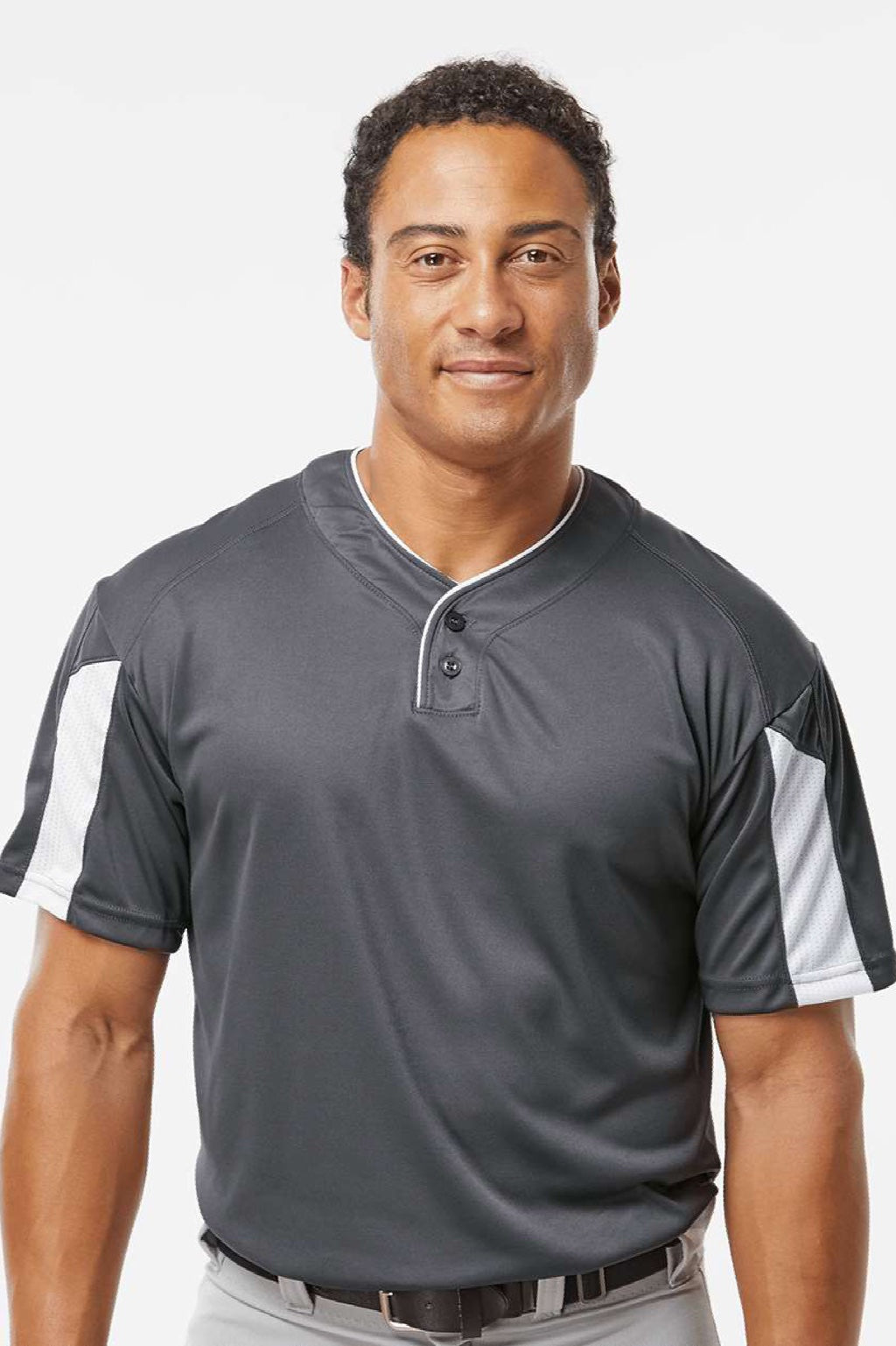 Alleson Athletic 7976 Mens Striker Placket Short Sleeve Jersey Graphite Grey/White Model Front