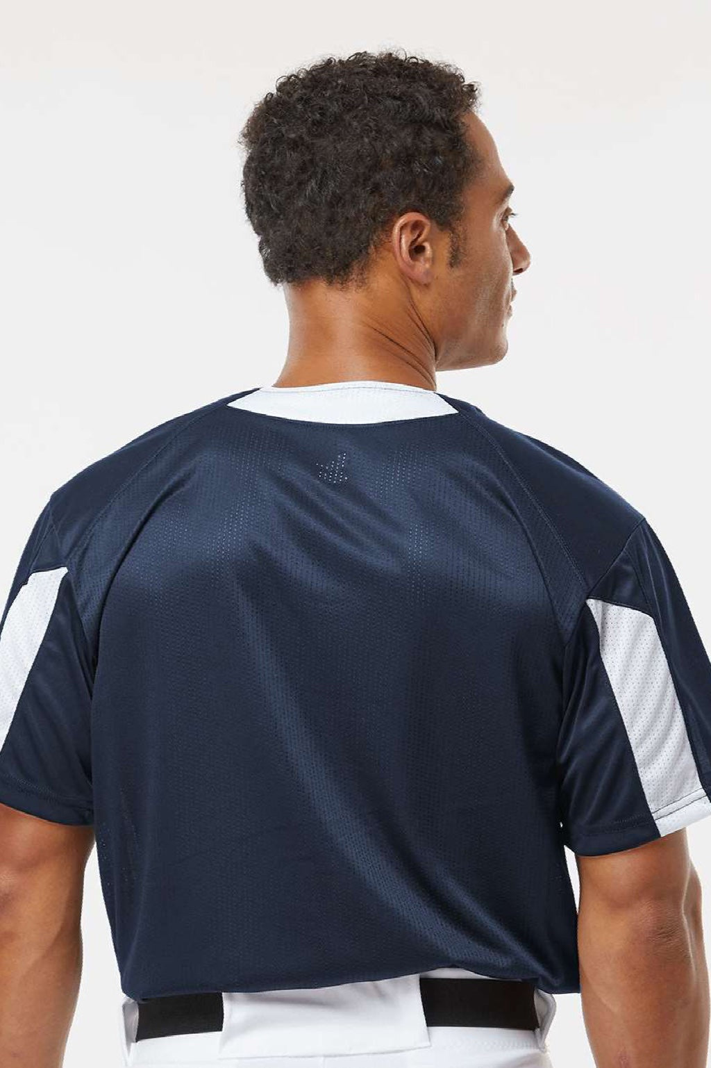 Alleson Athletic 7976 Mens Striker Placket Short Sleeve Jersey Navy Blue/White Model Back