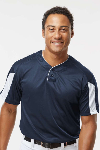 Alleson Athletic 7976 Mens Striker Placket Short Sleeve Jersey Navy Blue/White Model Front