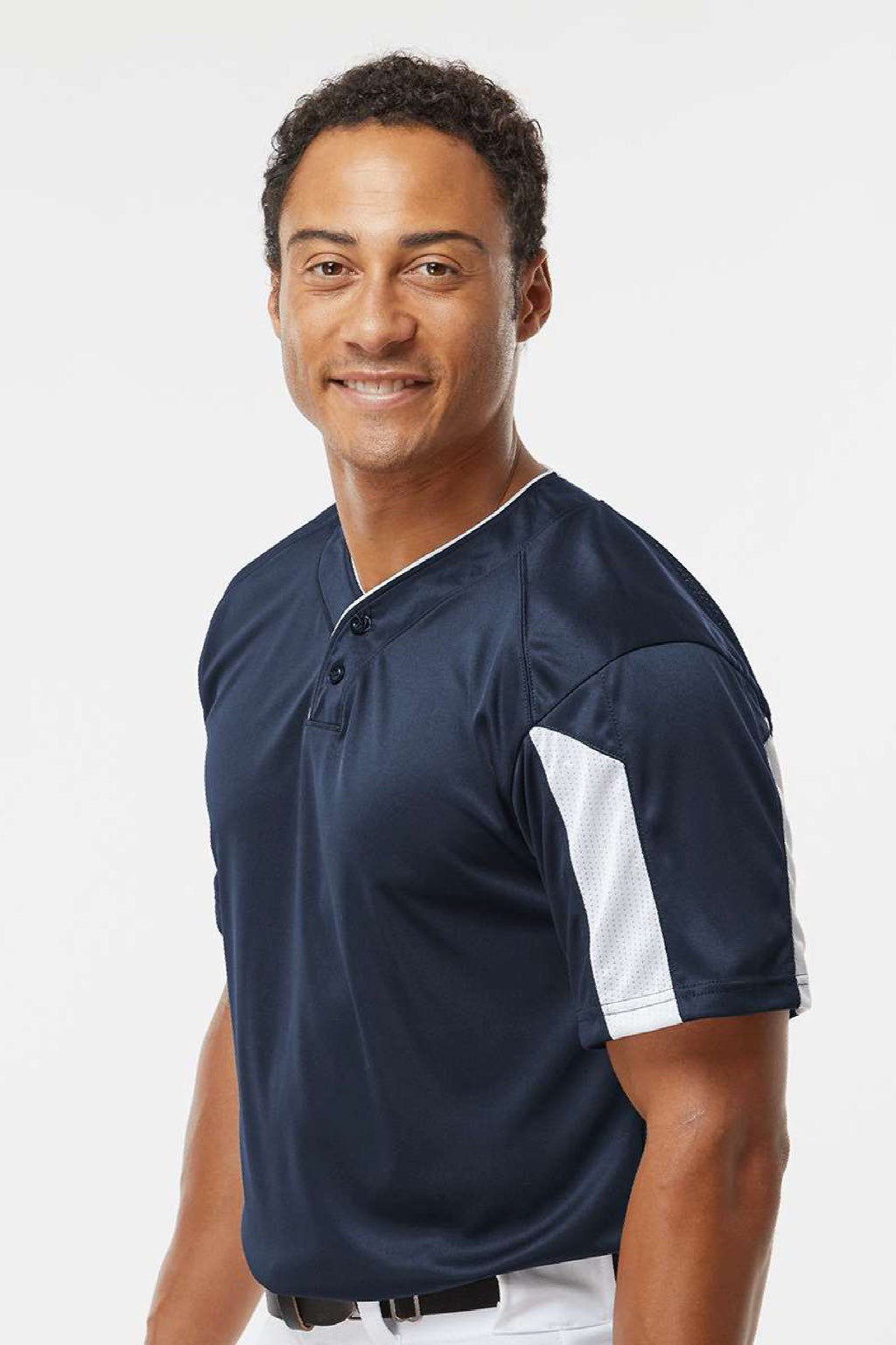 Alleson Athletic 7976 Mens Striker Placket Short Sleeve Jersey Navy Blue/White Model Side
