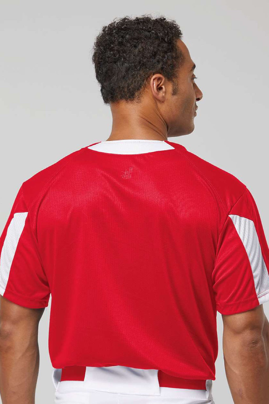 Alleson Athletic 7976 Mens Striker Placket Short Sleeve Jersey Red/White Model Back
