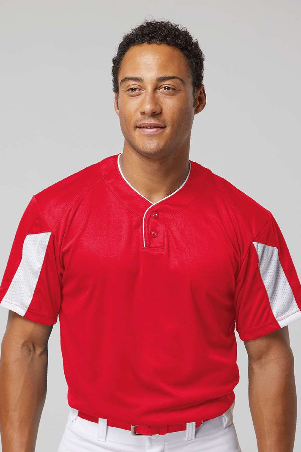 Alleson Athletic 7976 Mens Striker Placket Short Sleeve Jersey Red/White Model Front