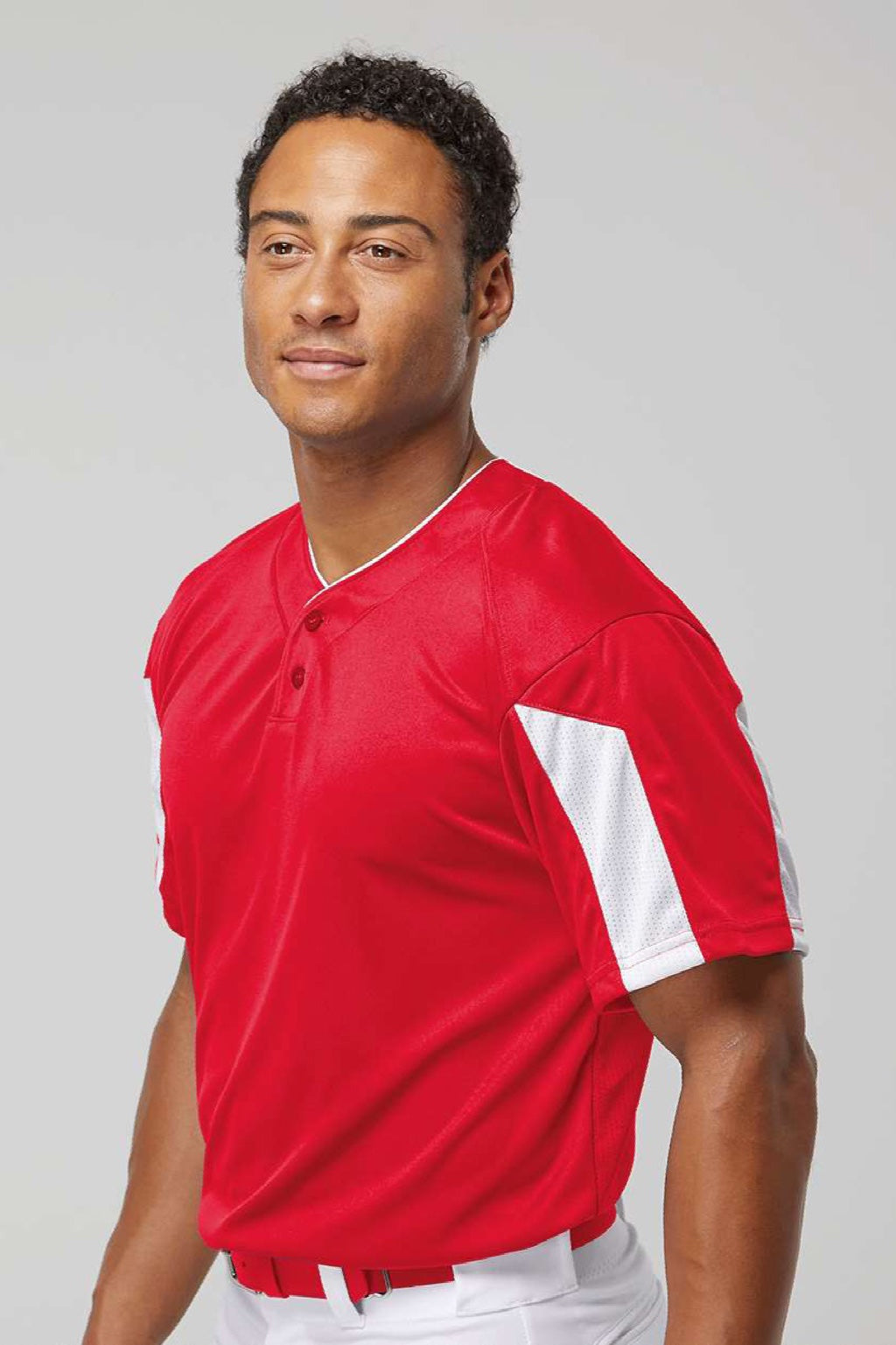Alleson Athletic 7976 Mens Striker Placket Short Sleeve Jersey Red/White Model Side