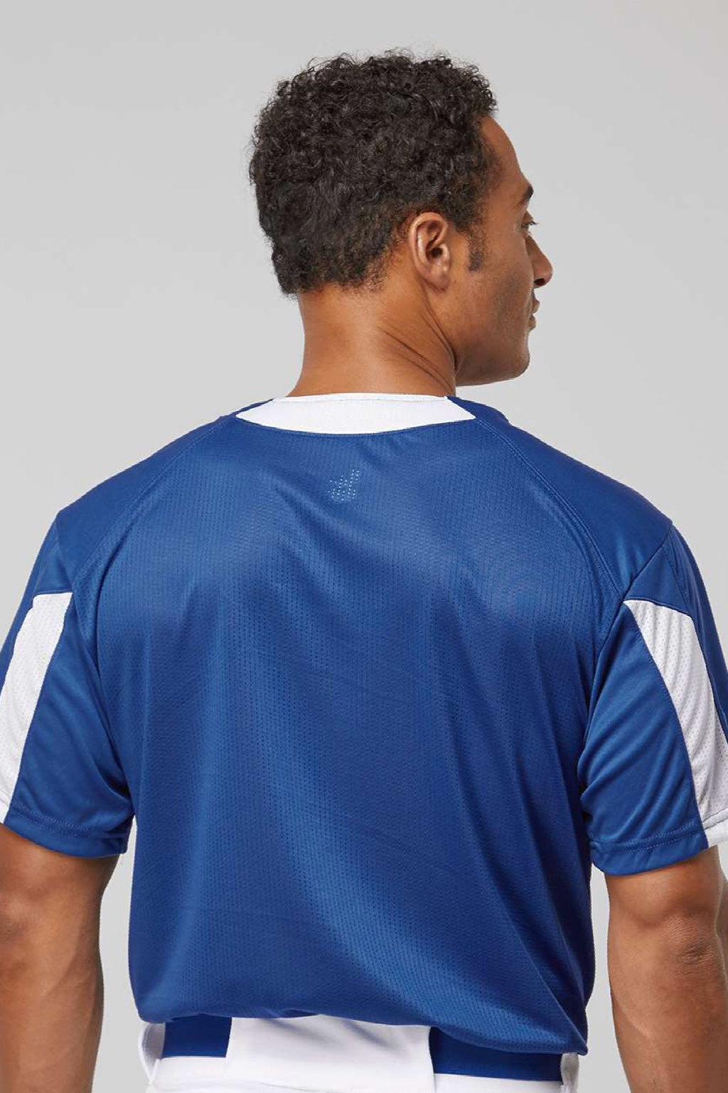 Alleson Athletic 7976 Mens Striker Placket Short Sleeve Jersey Royal Blue/White Model Back
