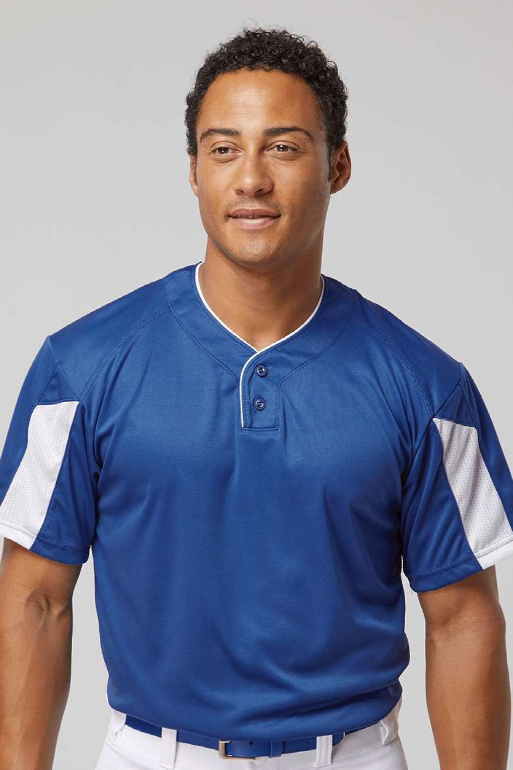 Alleson Athletic 7976 Mens Striker Placket Short Sleeve Jersey Royal Blue/White Model Front
