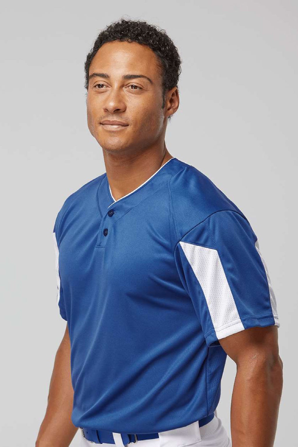 Alleson Athletic 7976 Mens Striker Placket Short Sleeve Jersey Royal Blue/White Model Side