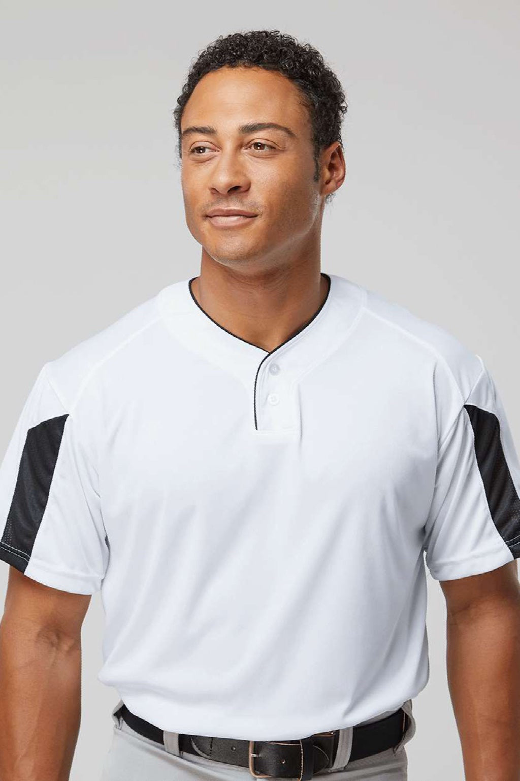 Alleson Athletic 7976 Mens Striker Placket Short Sleeve Jersey White/Black Model Front