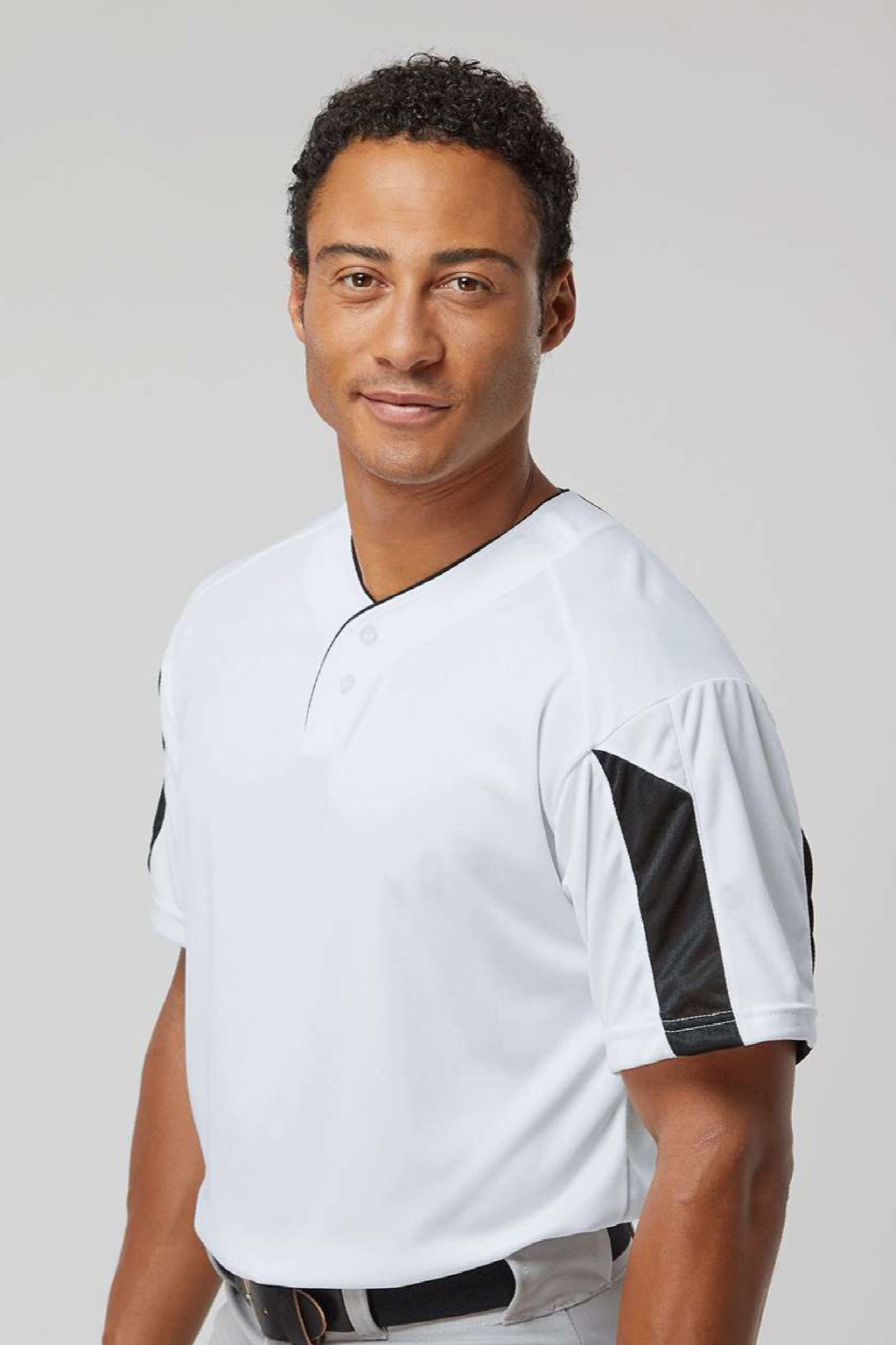 Alleson Athletic 7976 Mens Striker Placket Short Sleeve Jersey White/Black Model Side