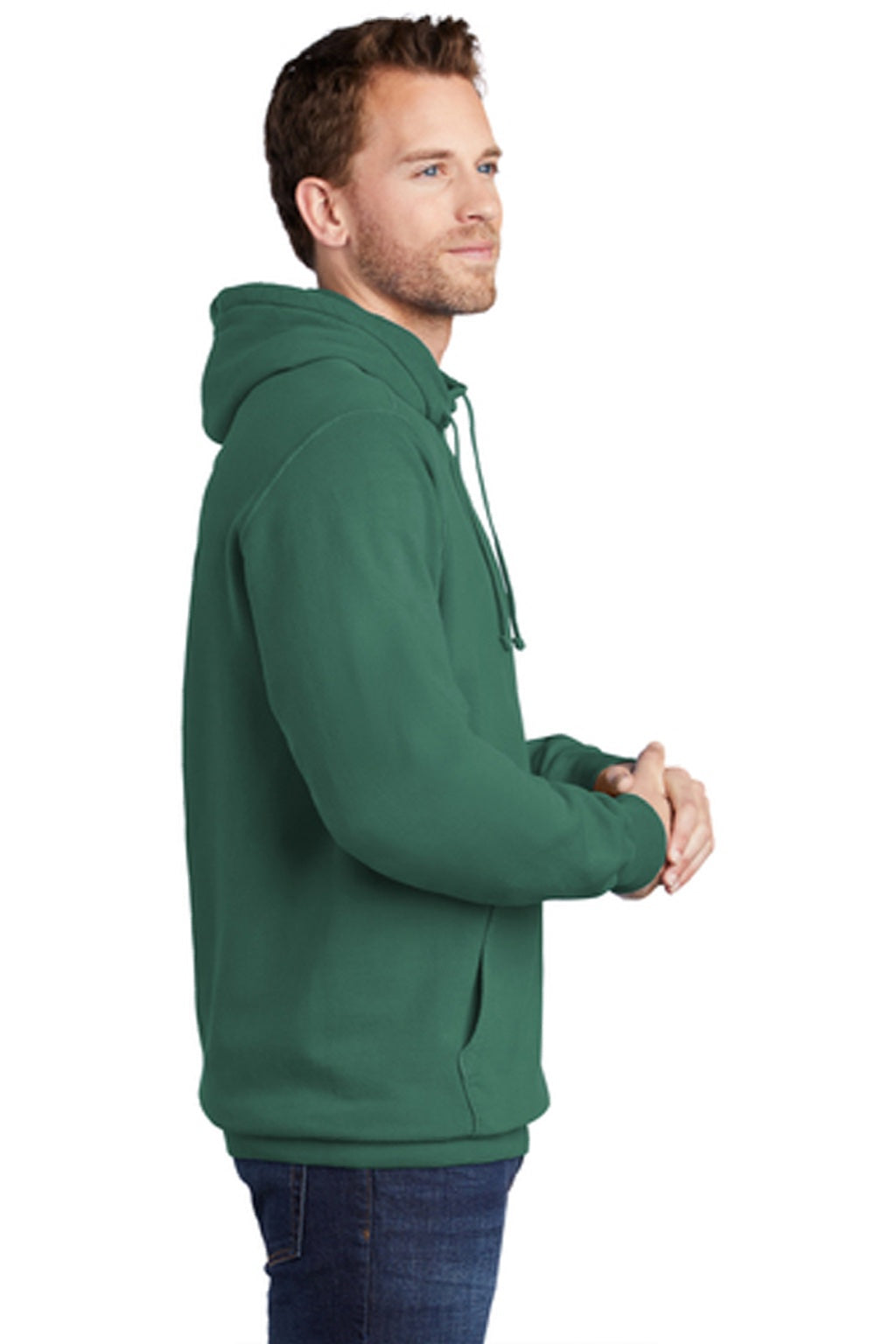 Port & Company PC098H Mens Beach Wash Fleece Hooded Sweatshirt Hoodie w/ Pouch Pocket Nordic Green Model Side
