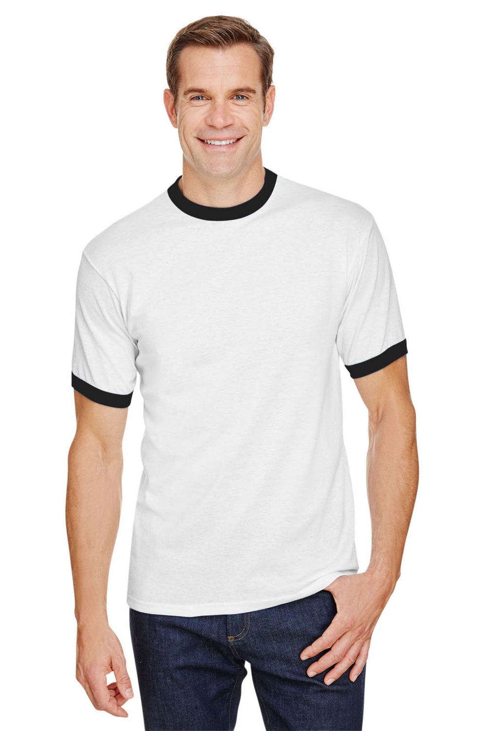 Augusta Sportswear 710 Mens Ringer Short Sleeve Crewneck T-Shirt White/Black Model Front