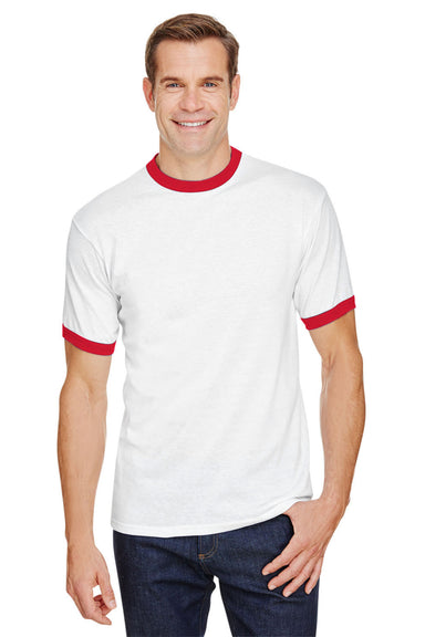 Augusta Sportswear 710 Mens Ringer Short Sleeve Crewneck T-Shirt White/Red Model Front