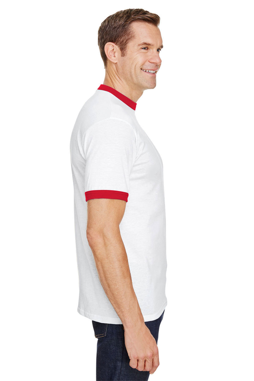 Augusta Sportswear 710 Mens Ringer Short Sleeve Crewneck T-Shirt White/Red Model Side