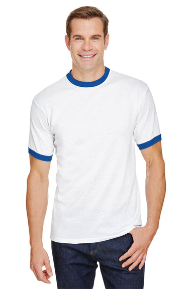 Augusta Sportswear 710 Mens Ringer Short Sleeve Crewneck T-Shirt White/Royal Model Front