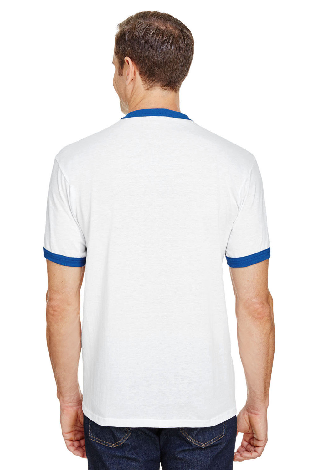 Augusta Sportswear 710 Mens Ringer Short Sleeve Crewneck T-Shirt White/Royal Model Back