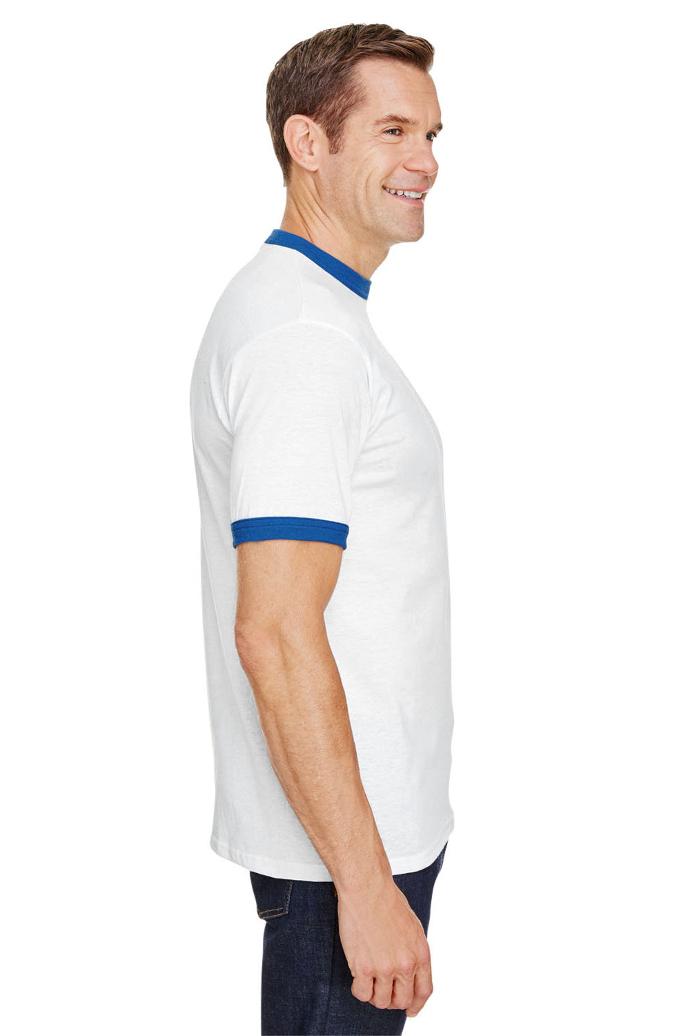Augusta Sportswear 710 Mens Ringer Short Sleeve Crewneck T-Shirt White/Royal Model Side