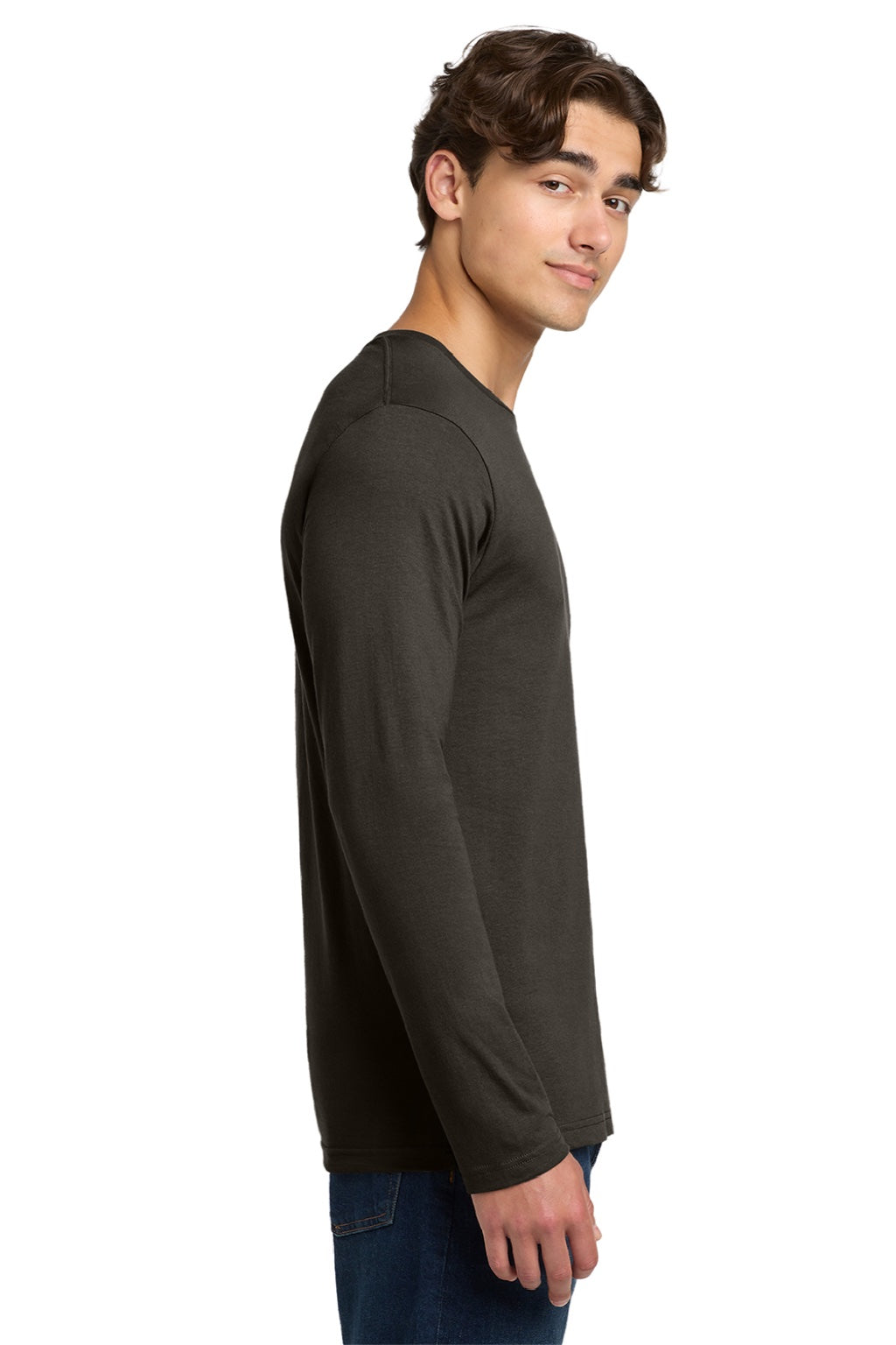 Gildan 64400 Mens Softstyle Long Sleeve Crewneck T-Shirt Dark Chocolate Brown Model Side