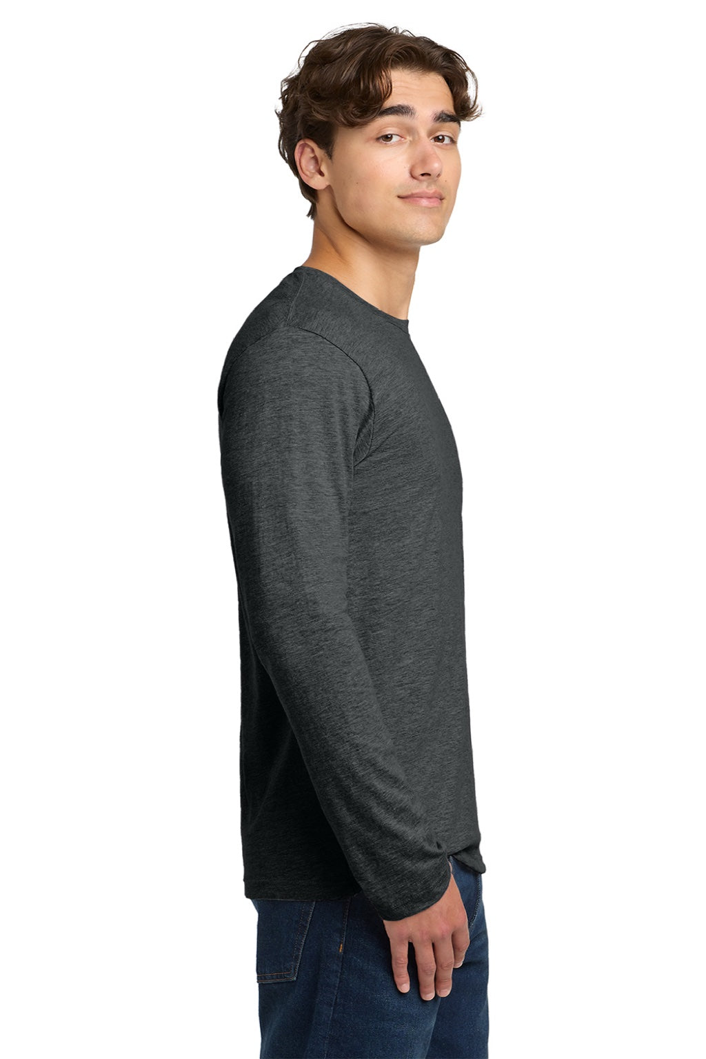 Gildan 64400 Mens Softstyle Long Sleeve Crewneck T-Shirt Heather Dark Grey Model Side