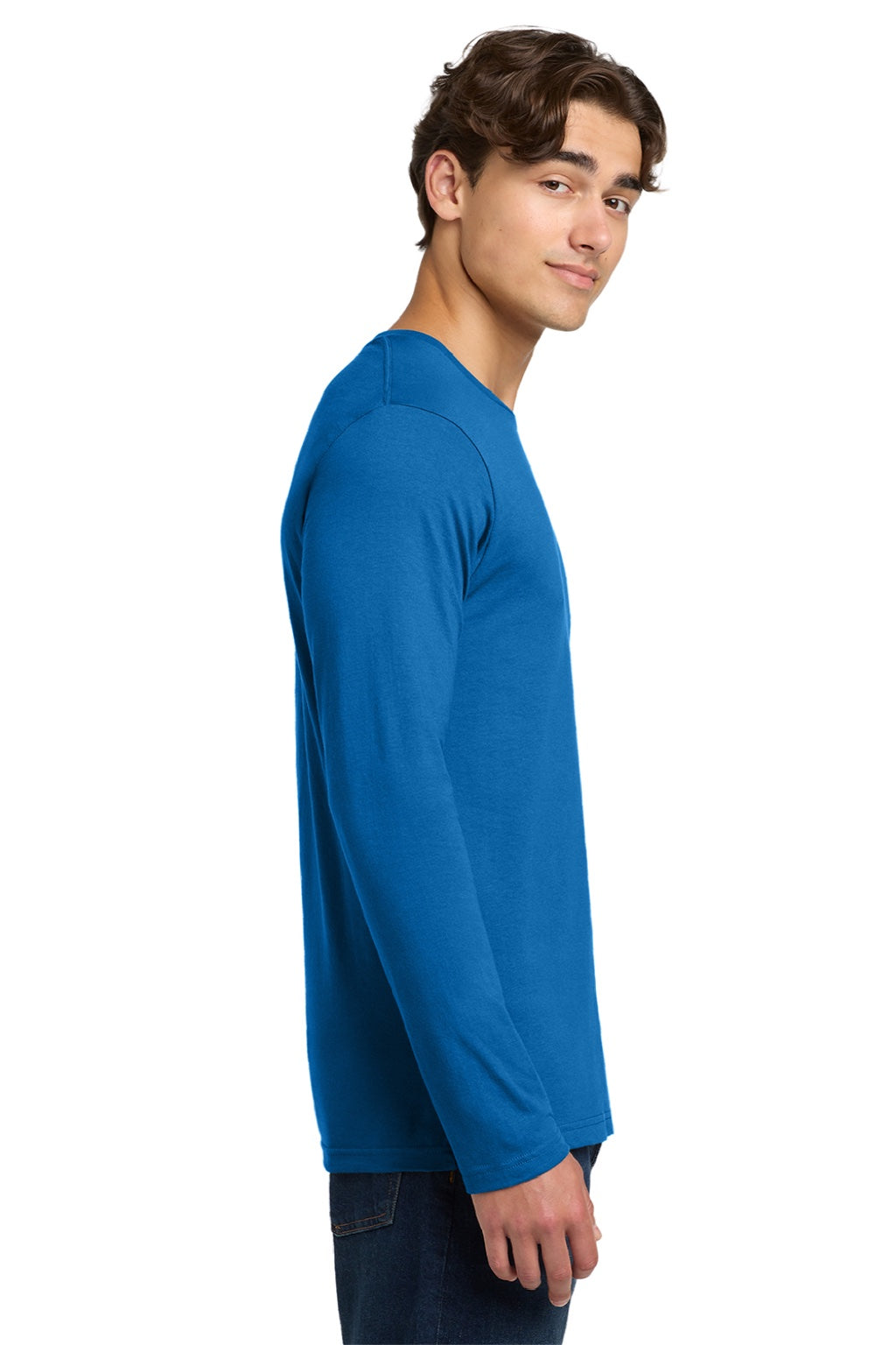 Gildan 64400 Mens Softstyle Long Sleeve Crewneck T-Shirt Neon Blue Model Side