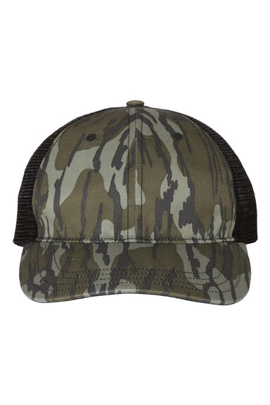 Richardson Hats 111P Mens Garment Washed Printed Snapback Trucker Hat Mossy Oak Bottomland/Black Flat Front