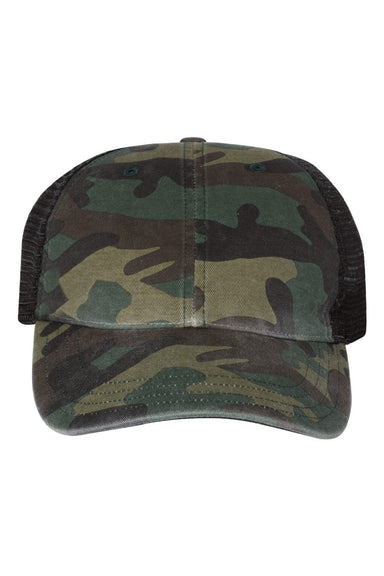 Richardson Hats 111P Mens Garment Washed Printed Snapback Trucker Hat Green Camo/Black Flat Front