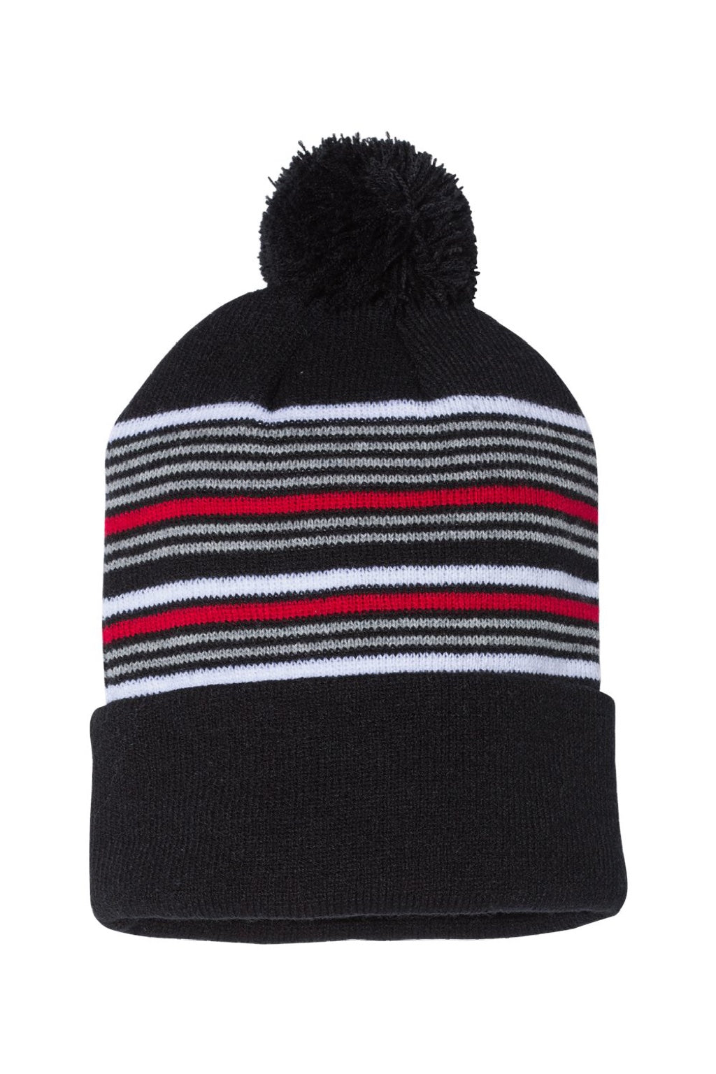 Sportsman Hats SP60 Unisex Striped Pom-Pom Cuffed Beanie Black/White/Grey/Red Flat Front