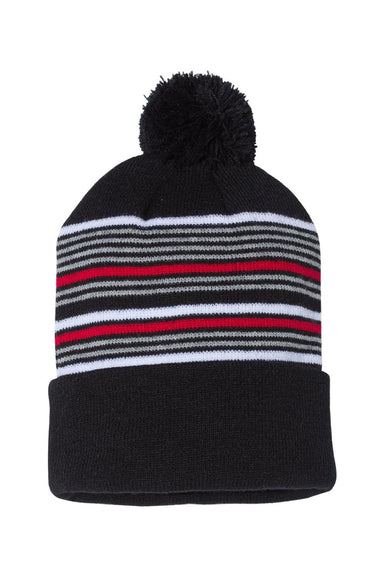 Sportsman Hats SP60 Unisex Striped Pom-Pom Cuffed Beanie Black/White/Grey/Red Flat Front
