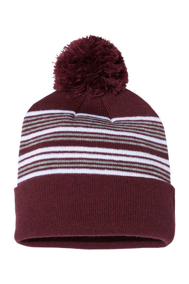 Sportsman Hats SP60 Unisex Striped Pom-Pom Cuffed Beanie Maroon/White/Grey Flat Front