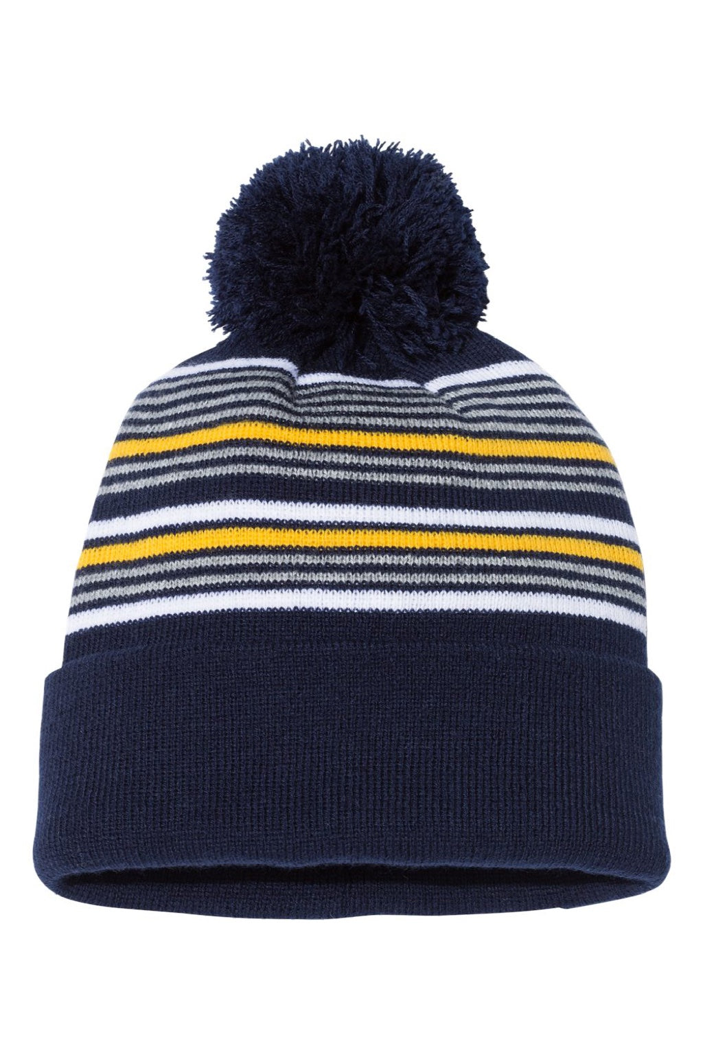 Sportsman Hats SP60 Unisex Striped Pom-Pom Cuffed Beanie Navy Blue/White/Grey/Gold Flat Front