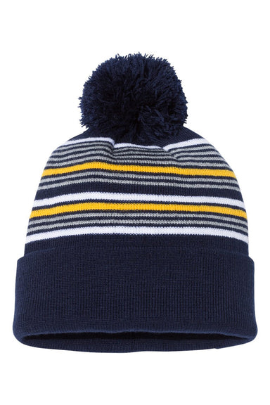 Sportsman Hats SP60 Unisex Striped Pom-Pom Cuffed Beanie Navy Blue/White/Grey/Gold Flat Front