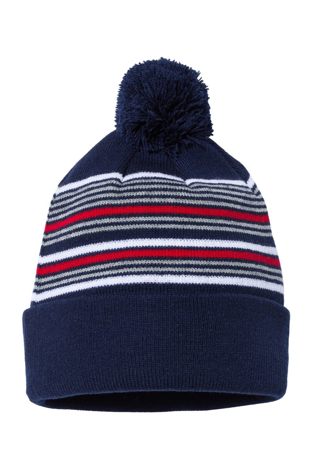 Sportsman Hats SP60 Unisex Striped Pom-Pom Cuffed Beanie Navy Blue/White/Grey/Red Flat Front