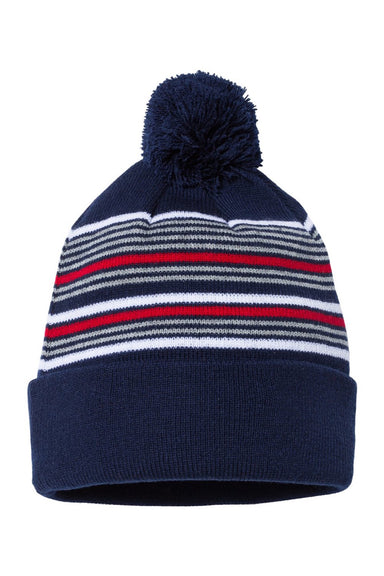 Sportsman Hats SP60 Unisex Striped Pom-Pom Cuffed Beanie Navy Blue/White/Grey/Red Flat Front