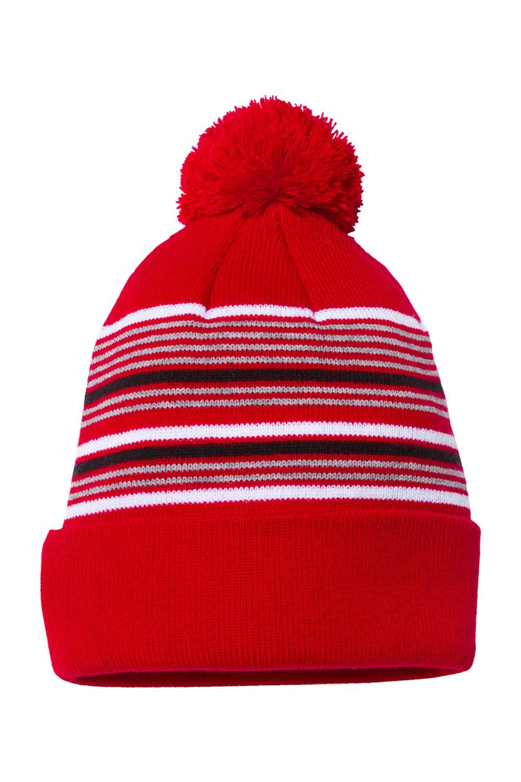 Sportsman Hats SP60 Unisex Striped Pom-Pom Cuffed Beanie Red/White/Grey/Black Flat Front