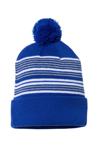 Sportsman Hats SP60 Unisex Striped Pom-Pom Cuffed Beanie Royal Blue/White/Grey Flat Front