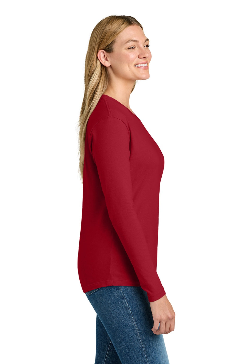 Next Level NL3911/3911 Womens Relaxed Long Sleeve Crewneck T-Shirt Red Model Side