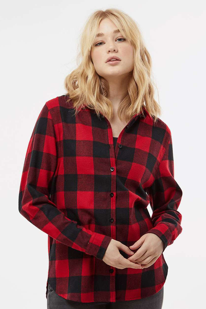 Burnside 5215 Womens Boyfriend Flannel Long Sleeve Button Down Shirt Red/Black Buffalo Model Front