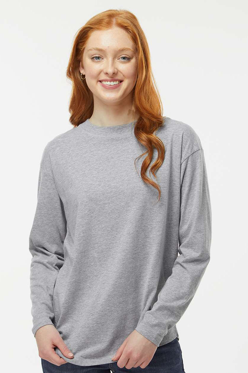 LAT 3508 Womens Fine Jersey Long Sleeve Crewneck T-Shirt Heather Grey Model Front