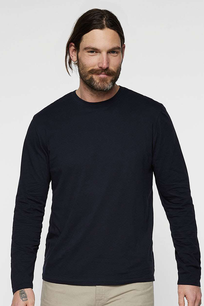 LAT 6918 Mens Fine Jersey Long Sleeve Crewneck T-Shirt Navy Blue Model Front