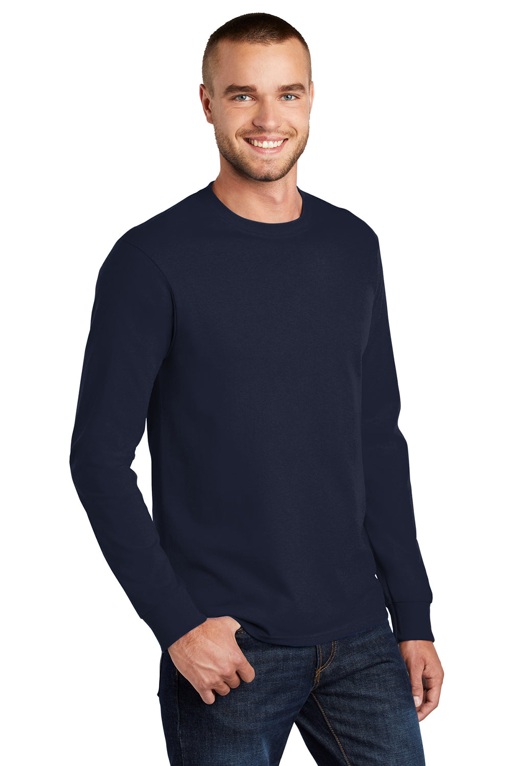 Port & Company PC61LS/PC61LST Mens Essential Long Sleeve Crewneck T-Shirt Deep Navy Blue Model 3q