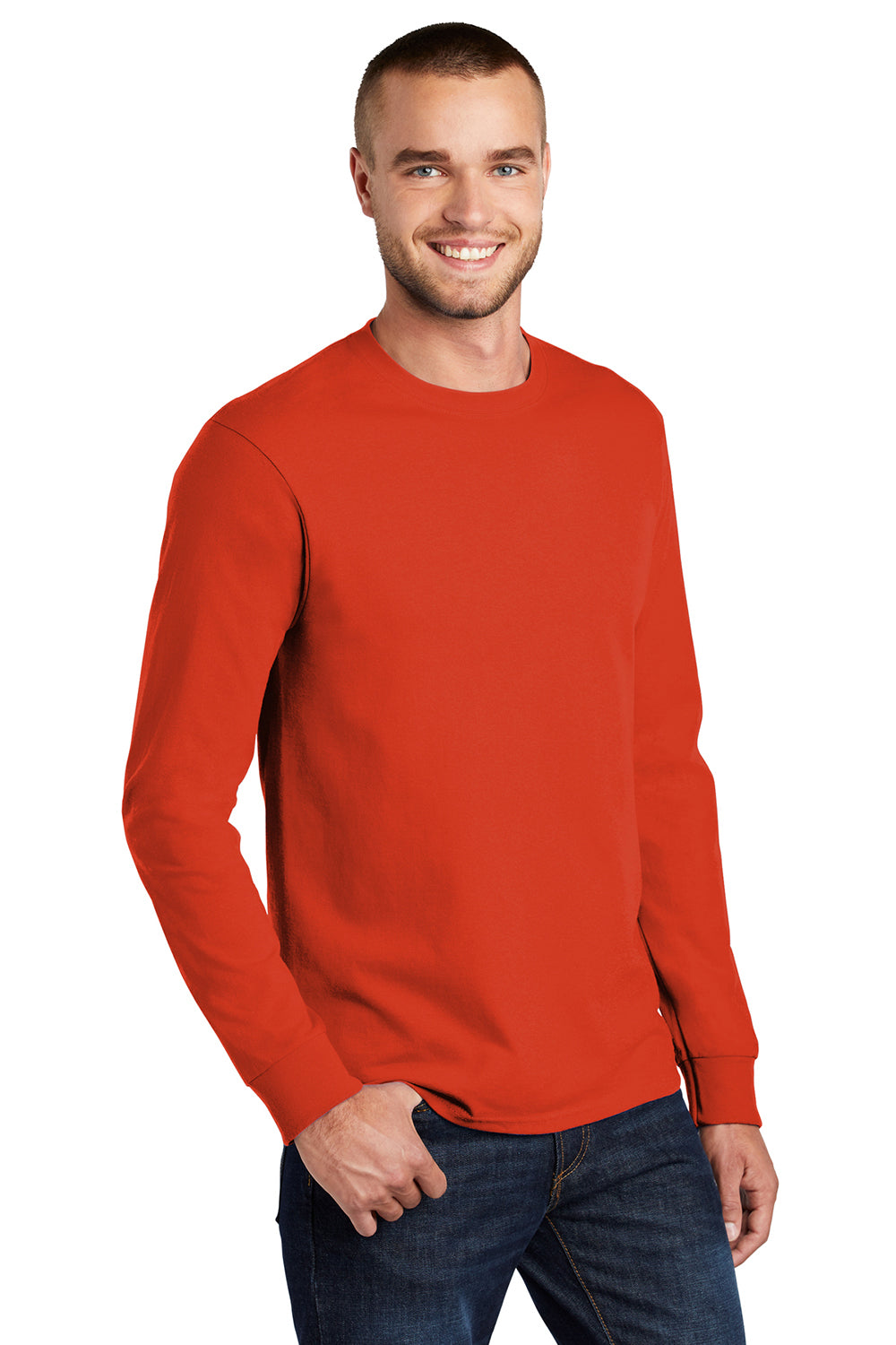Port & Company PC61LS/PC61LST Mens Essential Long Sleeve Crewneck T-Shirt Orange Model 3q
