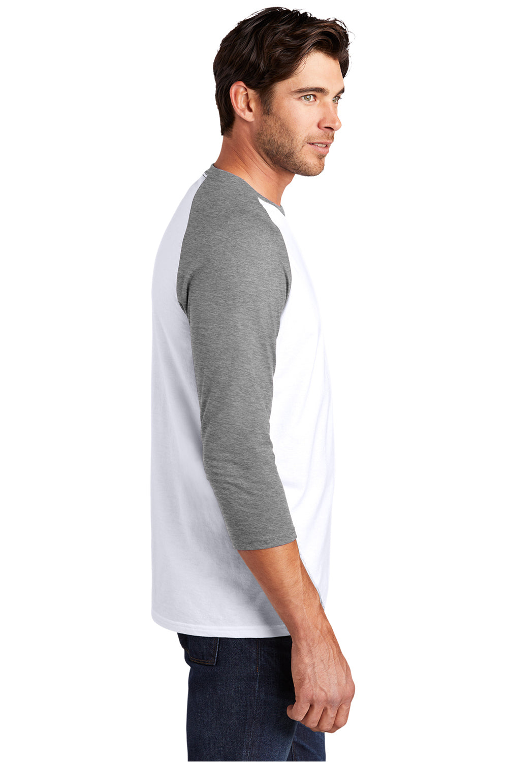 District DM136 Mens Perfect Tri 3/4 Sleeve Crewneck T-Shirt White/Grey Frost Model Side