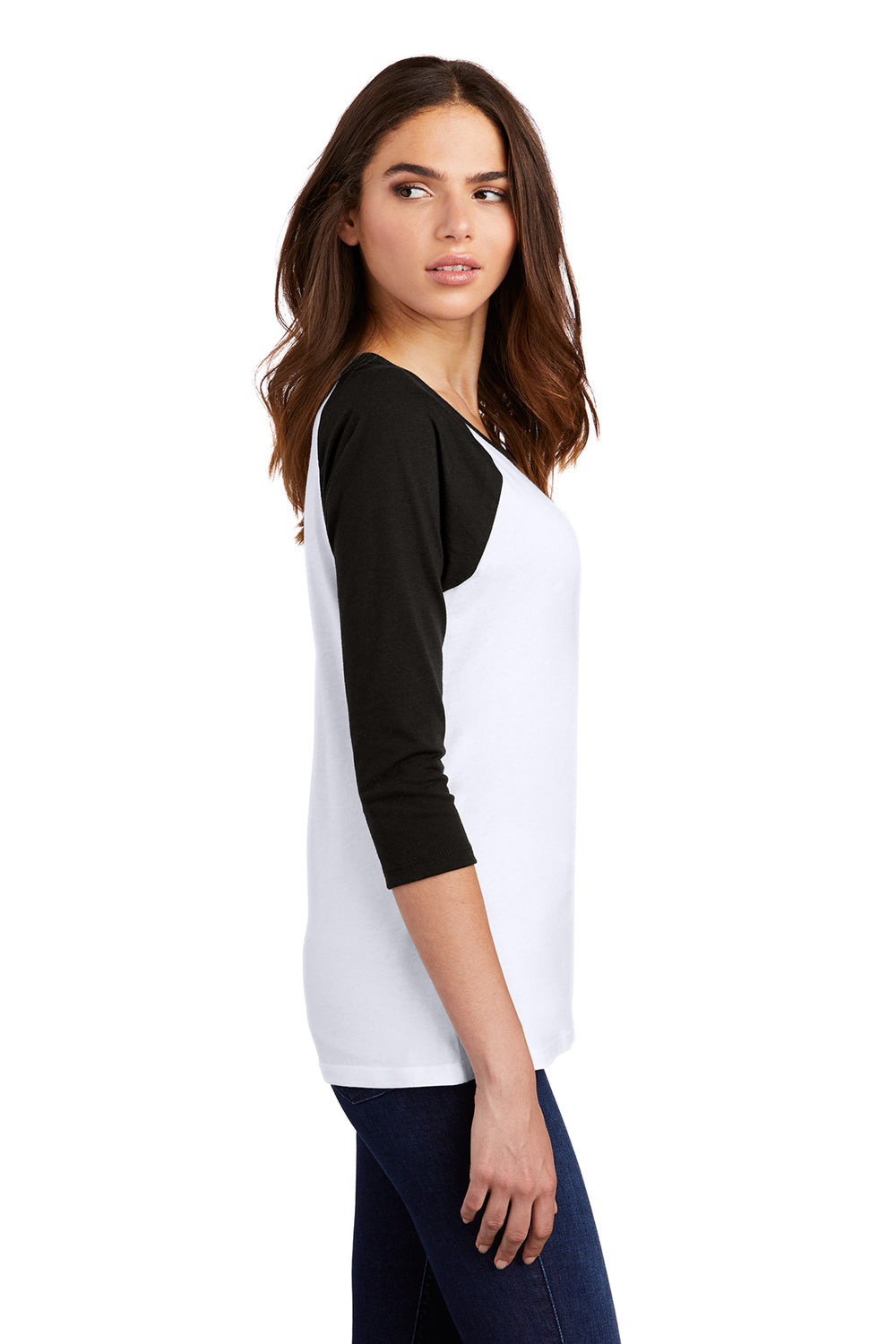District DM136L Womens Perfect Tri 3/4 Sleeve Crewneck T-Shirt White/Black Model Side