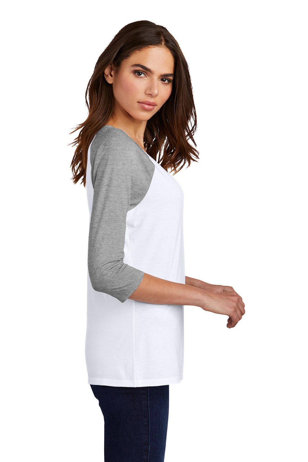 District DM136L Womens Perfect Tri 3/4 Sleeve Crewneck T-Shirt White/Grey Frost Model Side