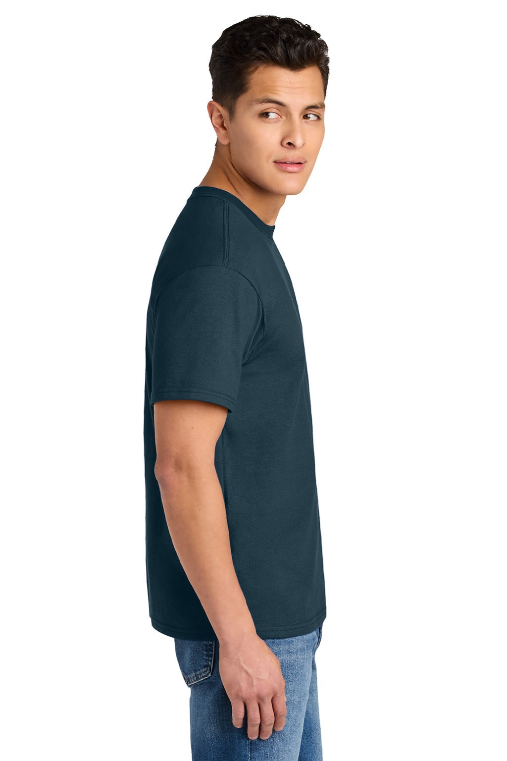 Gildan 75000 Mens Hammer Maxweight Short Sleeve Crewneck T-Shirt Dusk Blue Model Side